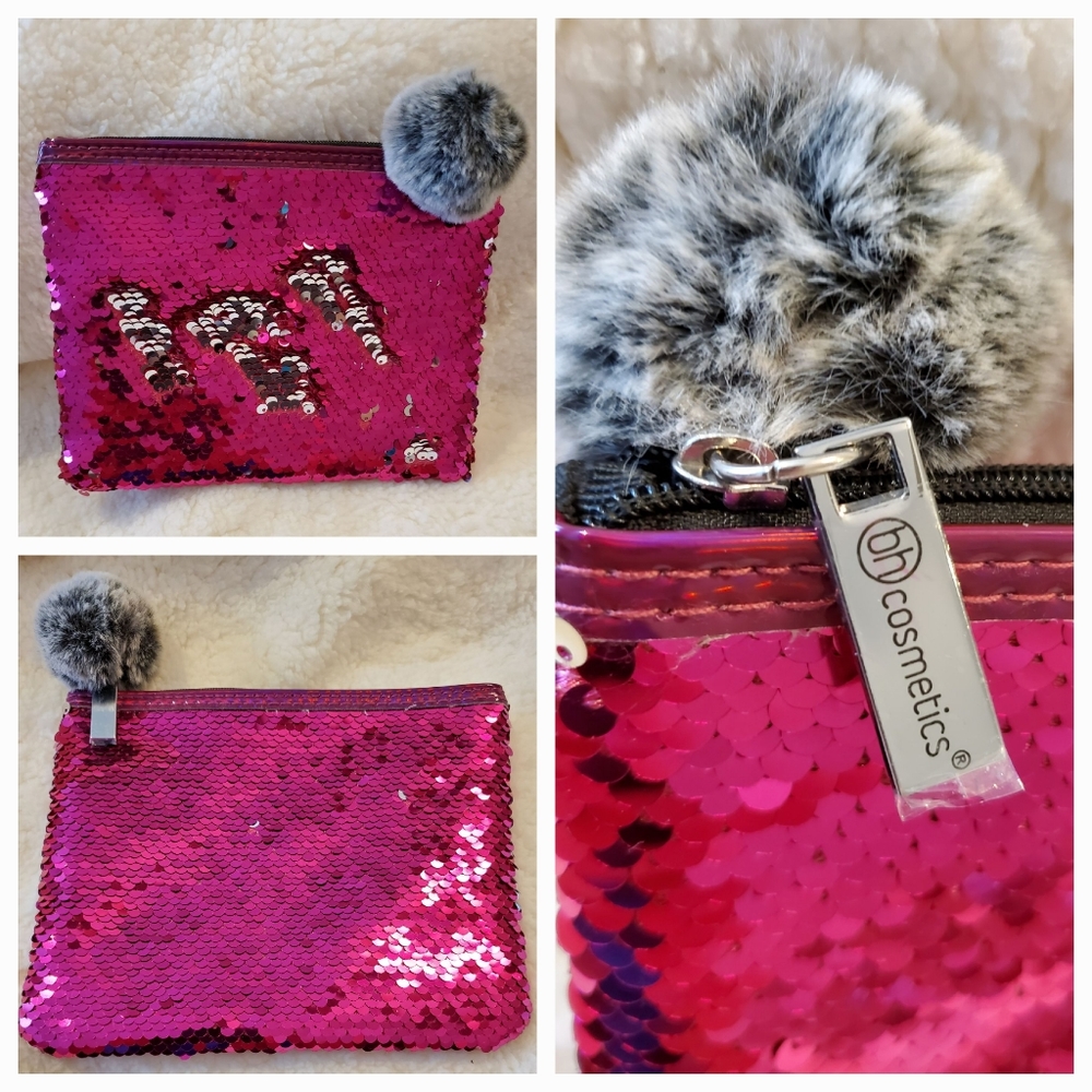 NEW Bh Cosmetics Movable Sequins Pink & Silver Bag NWOT